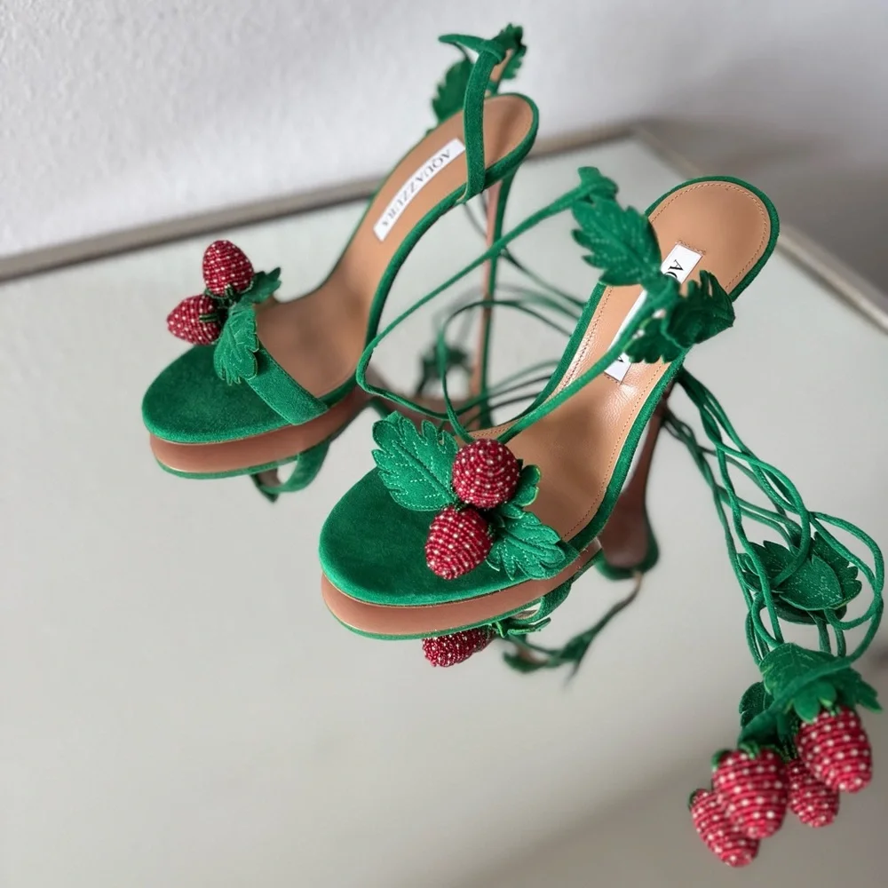 New Aquazzura Green Fragolina 105 Embellished Suede Sandals 37.5 $1,295